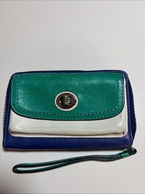 Coach Tricolor Leather Wristlet Wallet - Green, White & Blue